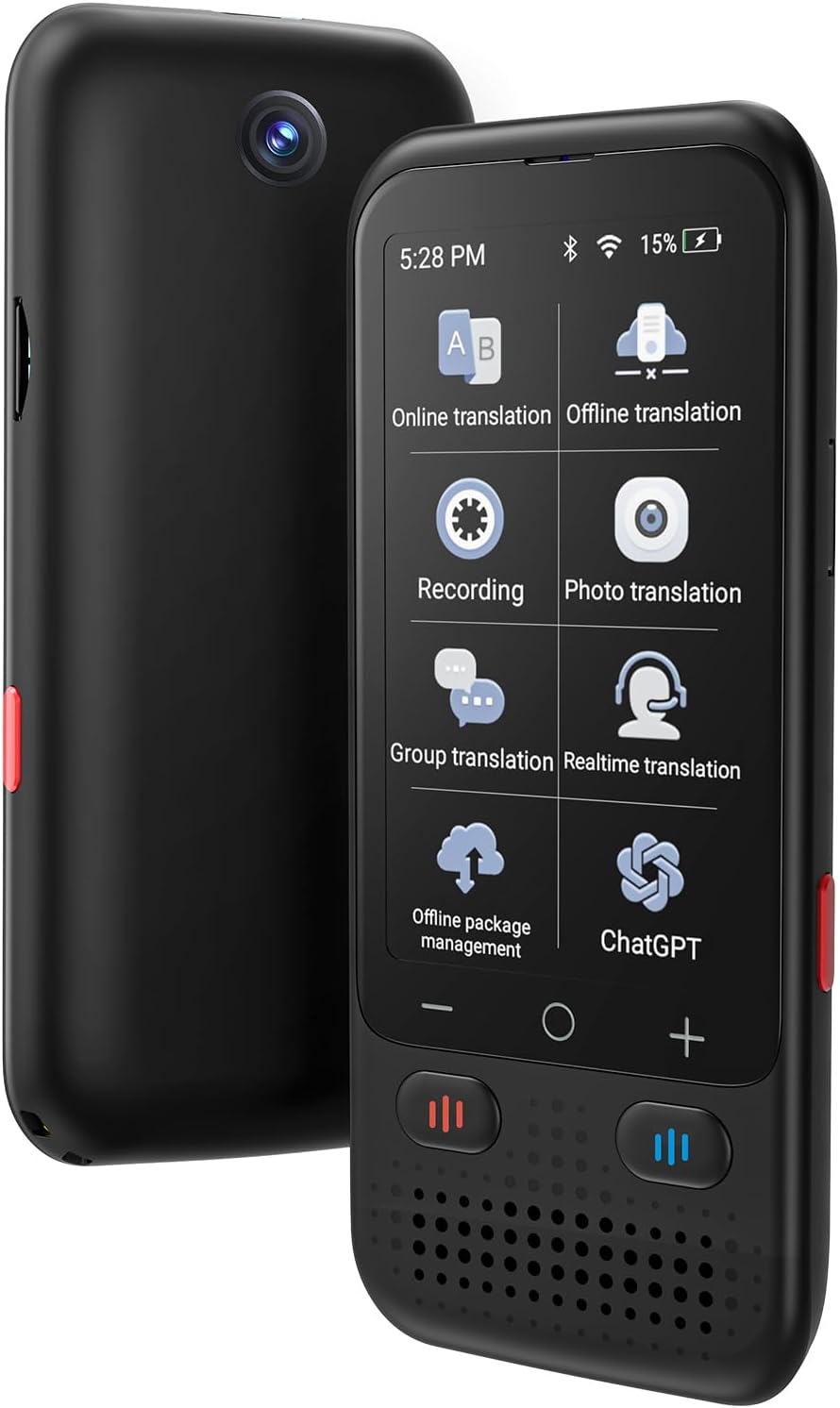 A handheld translation device showing its user interface.